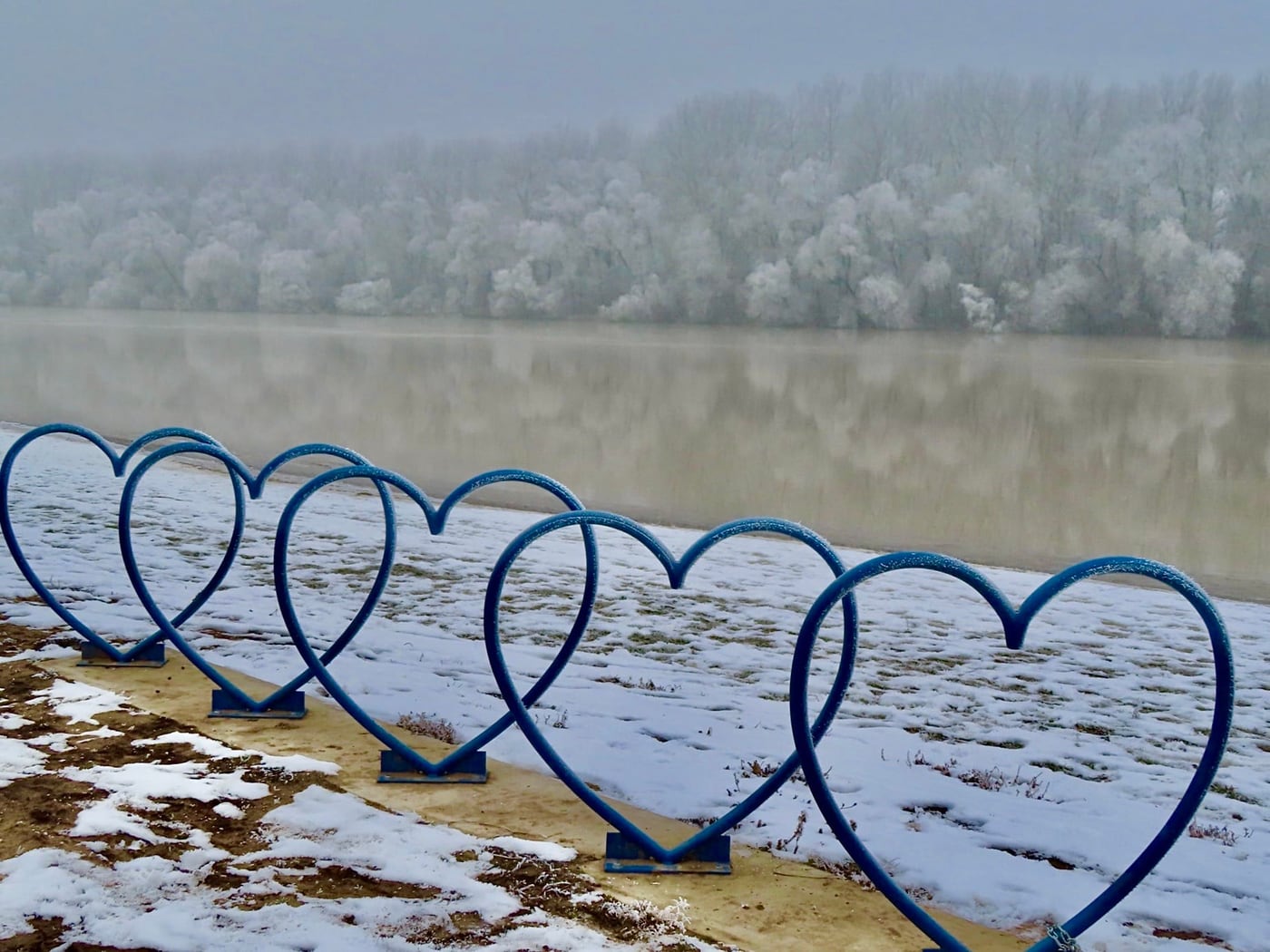 A tiszakécskei Tiszapart, a Tiszakanyar, melyet fehérre festett a zúzmara